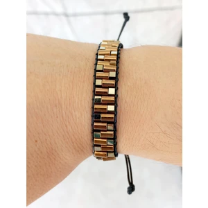 Altın Bronz Hematit Doğal Taş Siyah Deri Bileklik