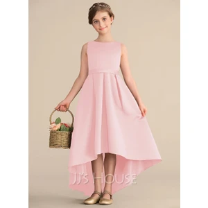 NSM Life Kız Çocuk Pembe Renk Asimetrik Etek Detaylı Sade Şık Saten Balo Doğum Günü Parti Elbise