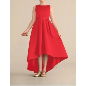 NSM Life Kız Çocuk Kırmızı Renk Asimetrik Etek Detaylı Sade Şık Saten Balo Doğum Günü Parti Elbise