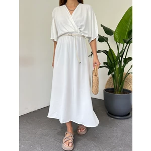 Kadın Kruvaze Yaka Kemerli Beli Lastikli Rahat Kesim Yırtmaçlı Uzun Elbise Dökümlü Kumaş