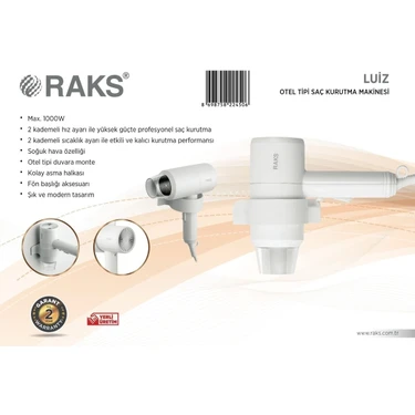 Raks Luiz 1000W Otel Tipi Saç Kurutma Makinesi - Yüksek Güç, Difüzör, Tek Hız Ayarı, İyon