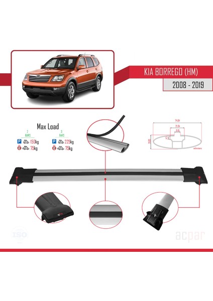 Kia Borrego (Hm) 2008-2019 Arası ile Uyumlu Fly Model Ara Atkı Tavan Barı Gri modelleri