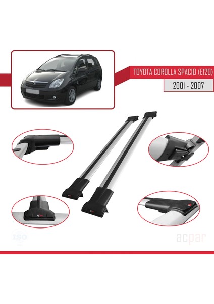 Toyota Corolla Spacio (E120) 2001-2007 Arası ile Uyumlu Fly Model Ara Atkı Tavan Barı Gri fırsatları