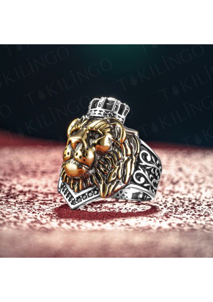 925 Ayar Gümüş 3D Aslan Taç Motifli Zirkon Taşlı Erkek Yüzük