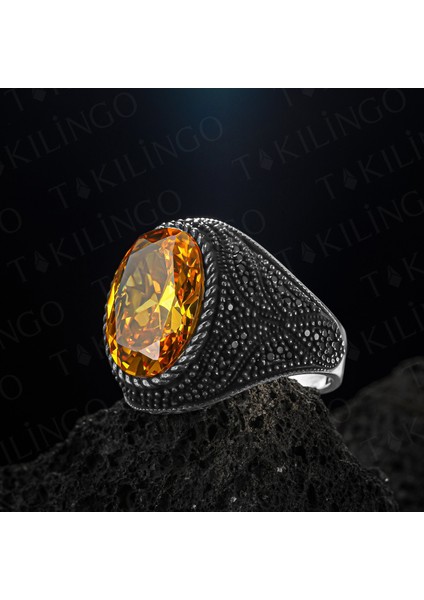 925 Ayar Gümüş Zirkon Detayli Oval Sitrin Taşlı Erkek Yüzük
