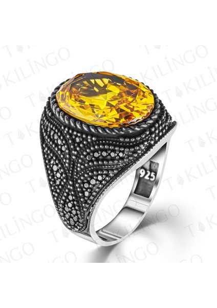 925 Ayar Gümüş Zirkon Detayli Oval Sitrin Taşlı Erkek Yüzük fiyatları