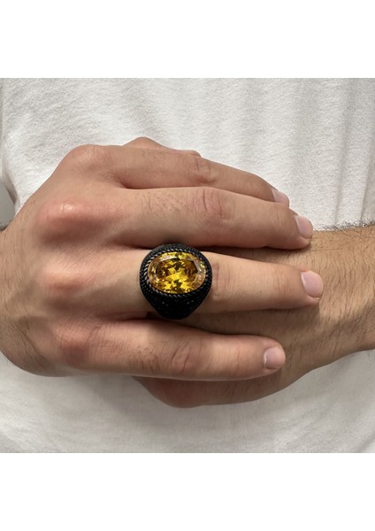 925 Ayar Gümüş Zirkon Detayli Oval Sitrin Taşlı Erkek Yüzük modelleri