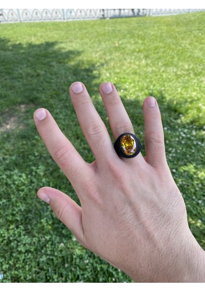 925 Ayar Gümüş Zirkon Detayli Oval Sitrin Taşlı Erkek Yüzük fırsatları