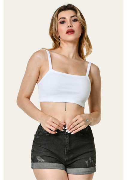 Likralı Kaşkorse Ince Askılı Kadın Crop Top - Beyaz Beyaz - M