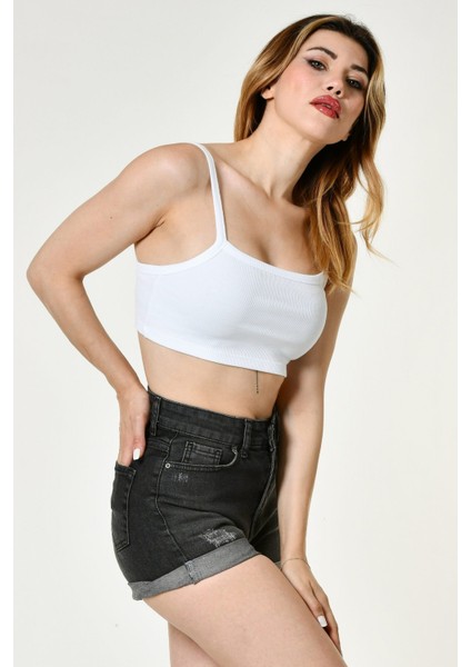Likralı Kaşkorse Ince Askılı Kadın Crop Top - Beyaz Beyaz - M modelleri