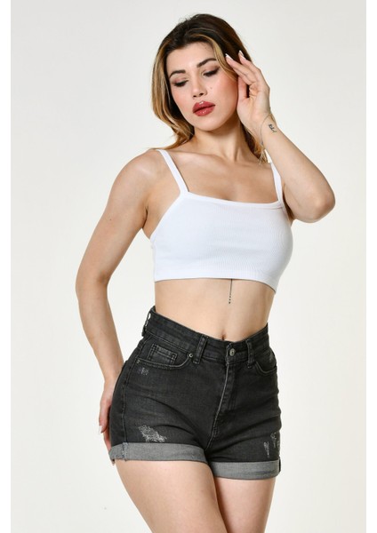 Likralı Kaşkorse Ince Askılı Kadın Crop Top - Beyaz Beyaz - M indirimleri