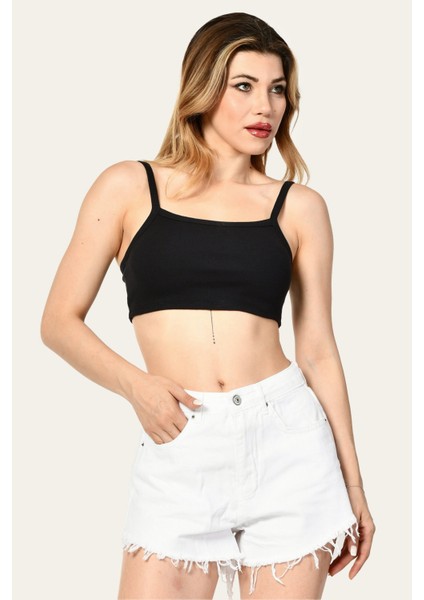 Likralı Kaşkorse Ince Askılı Kadın Crop Top - Siyah Siyah - L