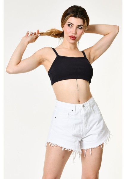 Likralı Kaşkorse Ince Askılı Kadın Crop Top - Siyah Siyah - L modelleri