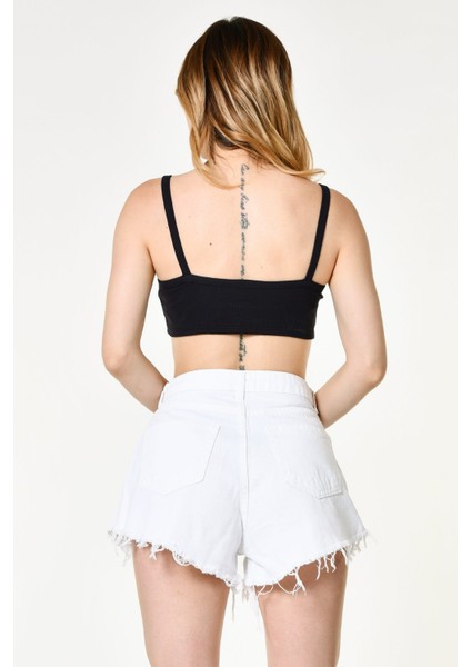 Likralı Kaşkorse Ince Askılı Kadın Crop Top - Siyah Siyah - L fırsatları