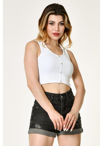 Likralı Kaşkorse Polo Yaka Düğmeli Kadın Bluz - Beyaz Beyaz - S modelleri