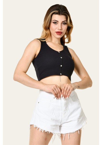 Likralı Kaşkorse Polo Yaka Düğmeli Kadın Bluz - Siyah Siyah - S
