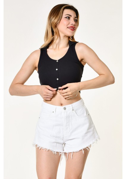 Likralı Kaşkorse Polo Yaka Düğmeli Kadın Bluz - Siyah Siyah - S modelleri