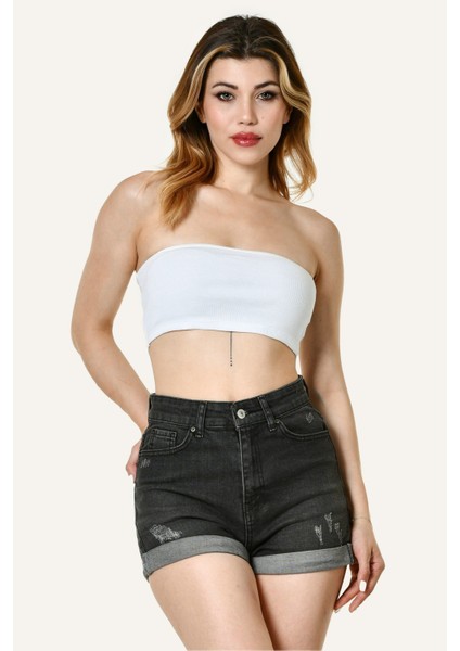 Likralı Kaşkorse Straplez Kadın Crop Top - Beyaz Beyaz - M