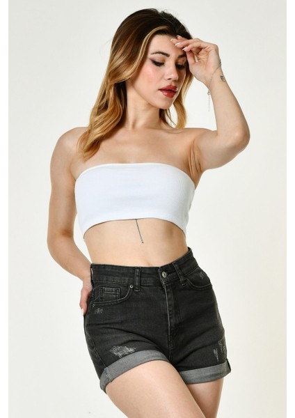 Likralı Kaşkorse Straplez Kadın Crop Top - Beyaz Beyaz - M modelleri