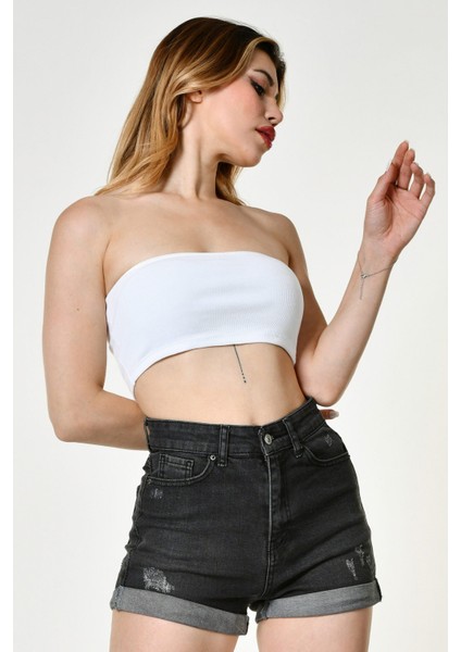 Likralı Kaşkorse Straplez Kadın Crop Top - Beyaz Beyaz - M indirimleri