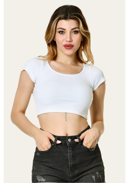 Likralı Kaşkorse Yuvarlak Yaka Kadın Crop Top - Beyaz Beyaz - L