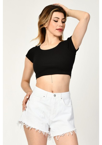 Likralı Kaşkorse Yuvarlak Yaka Kadın Crop Top - Siyah Siyah - L modelleri