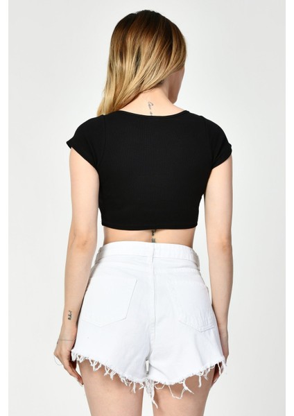 Likralı Kaşkorse Yuvarlak Yaka Kadın Crop Top - Siyah Siyah - L fırsatları
