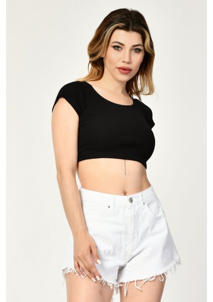 Likralı Kaşkorse Yuvarlak Yaka Kadın Crop Top - Siyah Siyah - L indirimleri