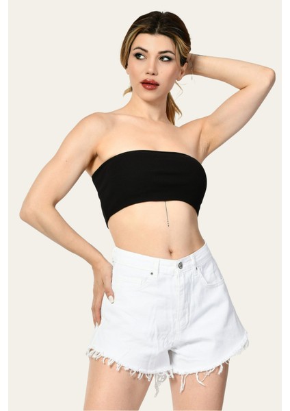 Likralı Kaşkorse Straplez Kadın Crop Top - Siyah Siyah - L