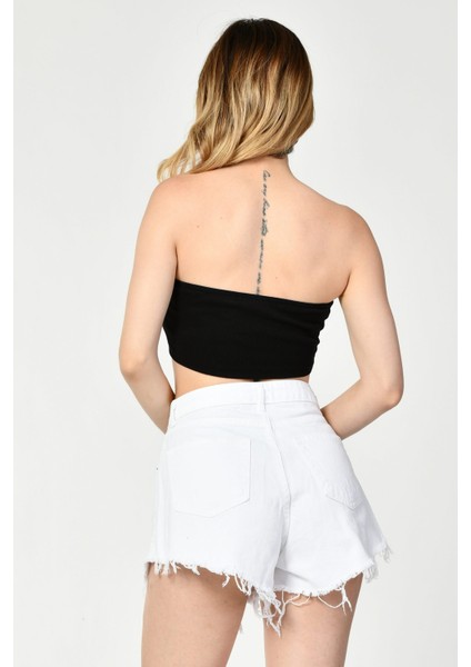 Likralı Kaşkorse Straplez Kadın Crop Top - Siyah Siyah - L fırsatları