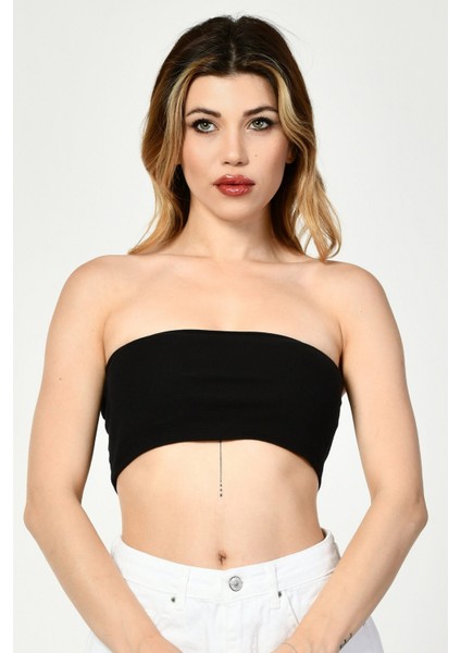 Likralı Kaşkorse Straplez Kadın Crop Top - Siyah Siyah - L indirimleri