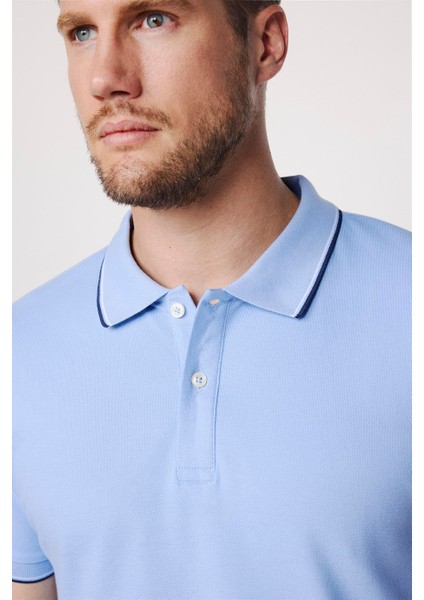 Erkek Polo Yaka Slim Fit Yaka ve Kol Şeritli Pike Mavi Tişört