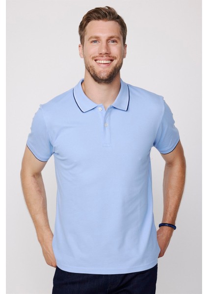 Erkek Polo Yaka Slim Fit Yaka ve Kol Şeritli Pike Mavi Tişört modelleri