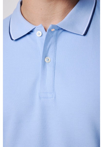 Erkek Polo Yaka Slim Fit Yaka ve Kol Şeritli Pike Mavi Tişört fırsatları