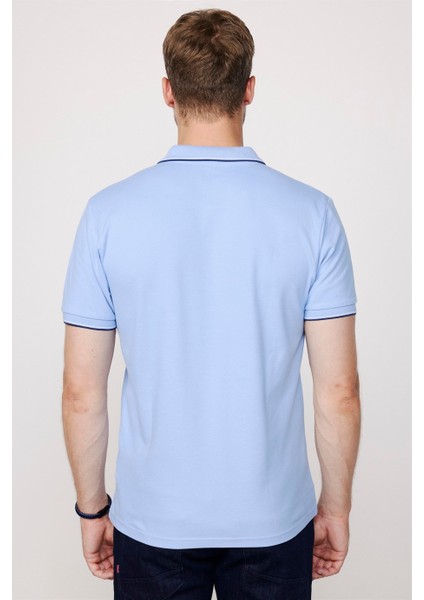 Erkek Polo Yaka Slim Fit Yaka ve Kol Şeritli Pike Mavi Tişört indirimleri