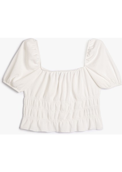 Balon Kollu Tişört Kare Yaka Fırfırlı Dokulu