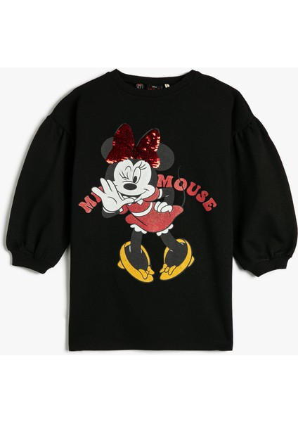 Minnie Mouse Sweat Elbise Lisanslı Uzun Balon Kollu Bisiklet Yaka