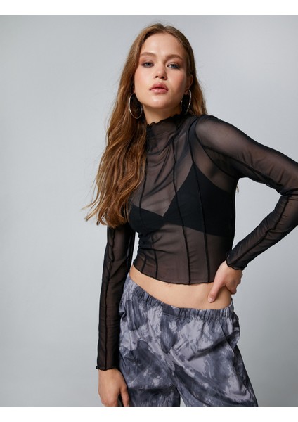 Transparan Bluz Dik Yaka Uzun Kollu Dikiş Detaylı Slim Fit