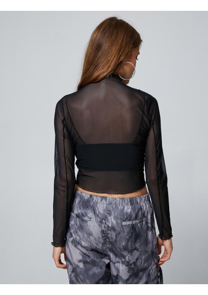 Transparan Bluz Dik Yaka Uzun Kollu Dikiş Detaylı Slim Fit fırsatları