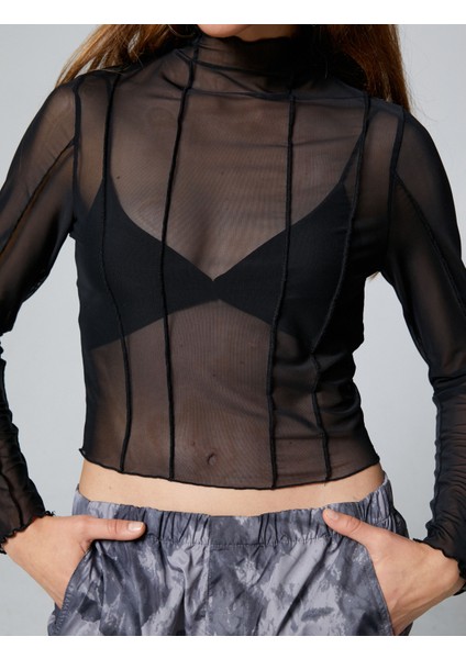 Transparan Bluz Dik Yaka Uzun Kollu Dikiş Detaylı Slim Fit indirimleri
