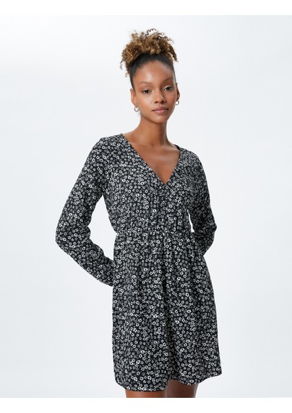 Çiçekli Mini Elbise Uzun Kollu V Yaka fiyatları