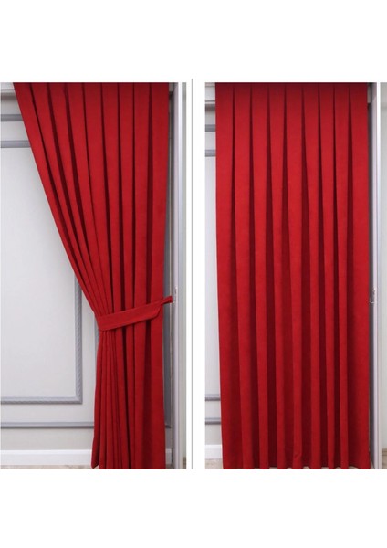 Petek Dokulu Kadife Dökümlü Fon Perde 1/3 Sık Pile Tek Kanat - Kırmızı fiyatları
