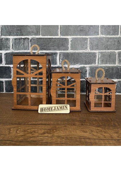3'lü Mini Ahşap Dekoratif Süs Fener Seti Hint Penceresi Motif