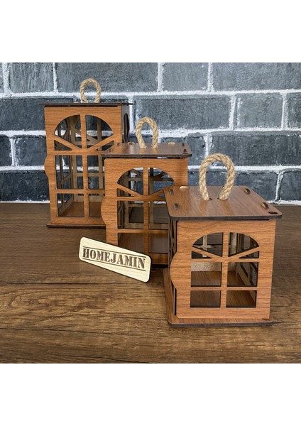 3'lü Mini Ahşap Dekoratif Süs Fener Seti Hint Penceresi Motif
