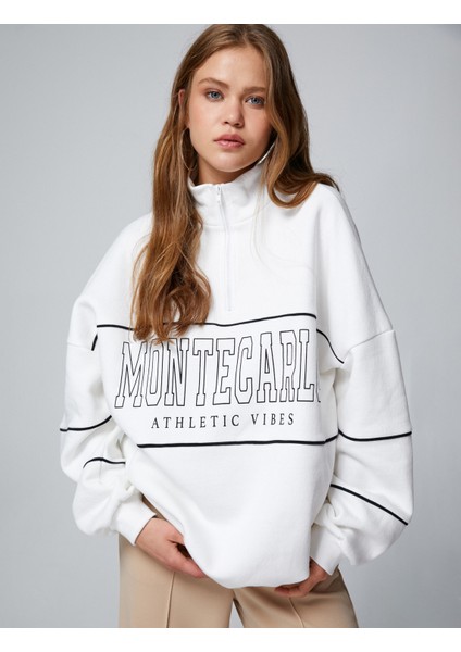 Yarım Fermuarlı Sweatshirt Oversize Baskılı Dik Yaka