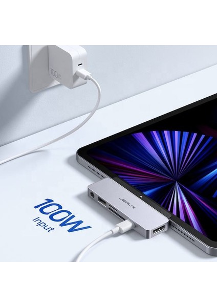 6in1 iPad Uyumlu Hub Adaptör Alüminyum Yüksek Hızlı Veri Aktarımı Type-C - USB 3.0 Adaptörü 4K 30Hz Hd USB C 100W Pd3.0 Şarj Cihazı Girişli iPad Ile Uyumlu HB0601