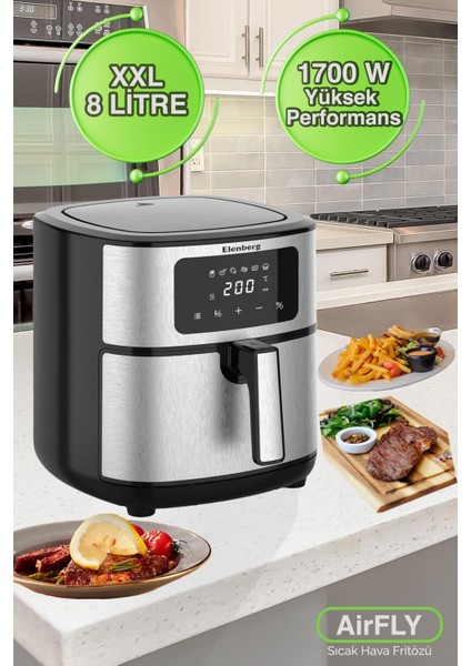 Airfly Xxl 8 Lt Geniş Hazneli 6 Ön Programlı Dokunmatik Airfryer Sıcak Hava Fritözü ELB-2307