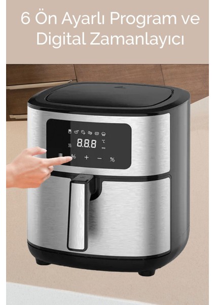 Airfly Xxl 8 Lt Geniş Hazneli 6 Ön Programlı Dokunmatik Airfryer Sıcak Hava Fritözü ELB-2307