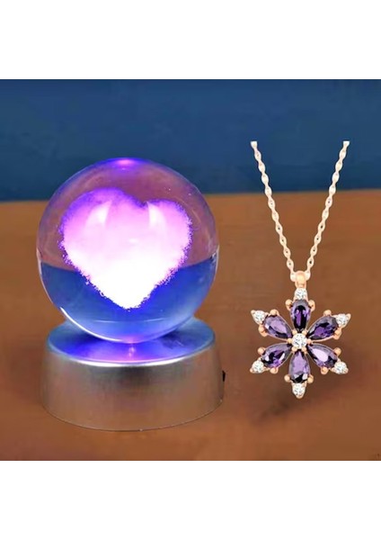 Renk Değiştiren Işıklı Cam Kalp ve Lotus Çiçeği Kolye