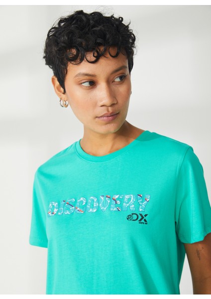 Bisiklet Yaka Baskılı Mint Kadın T-Shirt W-HOLDEN